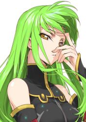 Rule 34 | 1girl, bare shoulders, black dress, breasts, c.c., code geass, commentary request, creayus, dress, green hair, hand over face, long hair, looking at viewer, medium breasts, parted lips, simple background, solo, turtleneck, white background, yellow eyes