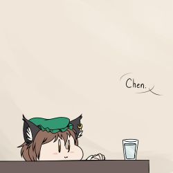Rule 34 | 1girl, :3, animal ears, animated, animated gif, brown hair, cat ears, chen, comic, cup, drinking glass, earrings, english text, fidgeting, flat color, hat, jewelry, lowres, mob cap, robin (unlimited world), shaking, single earring, solo, table, touhou, trembling