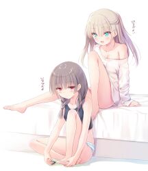 Rule 34 | 2girls, :d, applying pedicure, aqua eyes, aqua panties, arm support, bare legs, barefoot, bed, black tank top, blonde hair, blush, braid, breasts, clipping nails, clipping toenails, closed mouth, collarbone, commentary request, crop top, half updo, highres, knee up, light brown hair, long hair, long sleeves, looking at another, looking at viewer, multicolored clothes, multicolored panties, multiple girls, na-ga, nail clippers, no bra, off-shoulder shirt, off shoulder, on bed, on floor, open mouth, original, panties, red eyes, shirt, sitting, sleeves past wrists, small breasts, smile, tank top, translation request, twin braids, underwear, white background, white shirt