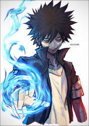 Rule 34 | 1boy, artist name, black hair, blue fire, boku no hero academia, burn scar, dabi (boku no hero academia), fire, fire, k-suwabe, looking at viewer, messy hair, piercing, scar, smile, solo, spiked hair, standing, staple, stapled, stitches, white background