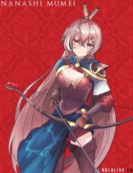 Rule 34 | 1girl, ahoge, alternate costume, arm guards, armor, arrow (projectile), belt, blue cape, boots, bow, breastplate, breasts, brown eyes, brown hair, cape, character name, cleavage, cleavage cutout, clothing cutout, embroidery, feather hair ornament, feathers, gloves, hair ornament, hairclip, highres, hololive, hololive english, long hair, looking at viewer, multicolored hair, nanashi mumei, ponytail, shorts, shoulder plates, sk jynx, streaked hair, thigh boots, very long hair, virtual youtuber, waist cape