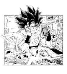 Rule 34 | 1boy, book, cape, chair, computer, dragon ball, dragon ball super, dragon ball super super hero, eyewear on head, fenyon, glasses, greyscale, hand on own cheek, hand on own face, highres, holding, laptop, male focus, monochrome, open book, sitting, smile, solo, son gohan, spiked hair, stuffed toy, table, upper body
