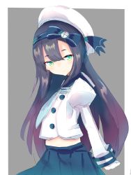 Rule 34 | 1girl, black hair, blue skirt, blush, chousatou, closed mouth, collar, eyes visible through hair, freckles, from side, gradient hair, green eyes, grey background, hair between eyes, hair ribbon, hairband, hat, head tilt, highres, juliet sleeves, kantai collection, long hair, long sleeves, looking at viewer, matsuwa (kancolle), multicolored hair, outline, pleated skirt, puffy sleeves, purple collar, ribbon, school uniform, serafuku, simple background, skirt, smile, solo, twitter username, white outline