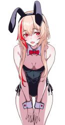 Rule 34 | 1girl, 3 small spiders, absurdres, animal ears, black leotard, blonde hair, bow, bowtie, breasts, commentary request, cowboy shot, detached collar, fake animal ears, fang, girls&#039; frontline, highres, leaning forward, leotard, long hair, m4 sopmod ii (girls&#039; frontline), medium breasts, multicolored hair, open mouth, playboy bunny, rabbit ears, red bow, red bowtie, red eyes, red hair, simple background, skin fang, solo, strapless, strapless leotard, streaked hair, two-tone hair, white background, wrist cuffs