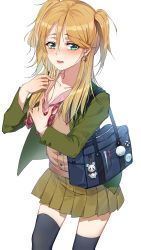 Rule 34 | 1girl, aihara yuzu, bag, bag charm, black thighhighs, blazer, blonde hair, blush, bow, bowtie, charm (object), citrus (saburouta), collarbone, cowboy shot, earrings, green blazer, green eyes, hair between eyes, heart, heart earrings, highres, jacket, jewelry, long hair, looking at viewer, miniskirt, open clothes, open jacket, open mouth, pink shirt, pleated skirt, red bow, school bag, school uniform, shirt, simple background, skirt, solo, sparkle, standing, thighhighs, two side up, white background, wujia xiaozi, zettai ryouiki