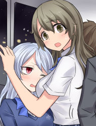 Rule 34 | 2girls, bow, breast press, breasts, brown eyes, brown hair, commentary request, flying sweatdrops, height difference, highres, looking at viewer, medium breasts, multiple girls, neit ni sei, open mouth, original, purple eyes, school uniform, shirt, silver hair, sweat, sweater, tears, translation request, window