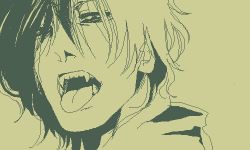 Rule 34 | 1boy, alucard (hellsing), fangs, green theme, hair between eyes, hellsing, lowres, male focus, monochrome, oekaki, open mouth, portrait, solid&amp;etc, solo, tongue, tongue out, vampire, yellow background, yellow theme