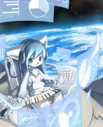 Rule 34 | 1girl, animal ears, animal hands, artist request, barefoot, blue hair, feet, female focus, furry, furry female, headphones, science fiction, solo, space, tail, toes