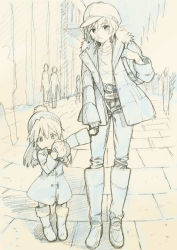 Rule 34 | 2girls, age difference, beanie, blue theme, boots, cabbie hat, casual, child, coat, holding hands, hat, monochrome, mother and daughter, multiple girls, neon genesis evangelion, sabu (pixiv), sabu (sabu), sketch, souryuu asuka langley, soryu kyouko zeppelin, stuffed animal, stuffed toy, yellow theme, aged down