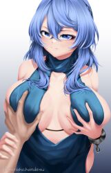 Rule 34 | 1boy, 1girl, absurdres, ako (blue archive), ako (dress) (blue archive), blue archive, blue eyes, blush, breasts, cleavage, covered erect nipples, grabbing, grabbing another&#039;s breast, highres, huge breasts, iannahchandesu, long hair, looking at viewer, medium breasts, plump, simple background, smile, thick thighs, thighs, wide hips