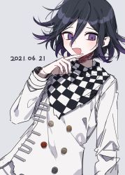 Rule 34 | 1boy, :d, black hair, buttons, checkered clothes, checkered neckwear, checkered scarf, danganronpa (series), danganronpa v3: killing harmony, dated, double-breasted, grey background, grey jacket, hair between eyes, hand up, highres, jacket, long sleeves, male focus, open mouth, oma kokichi, patzzi, purple eyes, purple hair, scarf, simple background, sketch, smile, solo, upper body