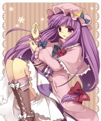 Rule 34 | 1girl, bad id, bad pixiv id, boots, bow, crescent, cross-laced footwear, duplicate, female focus, hair bow, hat, knee boots, lace-up boots, long hair, masaru.jp, multiple hair bows, patchouli knowledge, purple eyes, purple hair, solo, touhou, very long hair