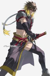 Rule 34 | 1boy, abs, albel nox, armor, blonde hair, brown hair, closed mouth, crop top, gloves, holding, holding sword, holding weapon, indesign, looking at viewer, male focus, midriff, multicolored hair, muscular, muscular male, red eyes, shoulder armor, simple background, smile, solo, star ocean, star ocean till the end of time, sword, thighhighs, weapon, white background