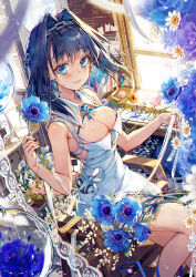 Rule 34 | 1girl, apron, bare arms, bare shoulders, blue eyes, blue flower, blue hair, blue ribbon, blush, bracelet, breasts, brooch, chain, chain headband, cleavage, collar, covered navel, day, detached collar, dress, earrings, flower, flower shop, hair intakes, hair ornament, heart, heart brooch, hieihirai, highres, holding, holding flower, hololive, hololive english, jewelry, large breasts, looking at viewer, multicolored hair, ouro kronii, pencil dress, ribbon, ribbon earrings, scissors, shop, short dress, short hair, sitting, smile, solo, sunlight, two-tone hair, virtual youtuber, white dress