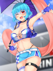 Rule 34 | 1girl, ;d, absurdres, arm up, armpits, bandeau, bare shoulders, belt, black choker, blue gloves, blue hair, blue skirt, blue sky, blue vest, blurry, blurry background, blush, breasts, choker, cleavage, cloud, collarbone, commentary request, cowboy shot, daichi (tokoya), day, fingerless gloves, gloves, hair between eyes, headset, highleg, highleg panties, highres, holding, holding umbrella, large breasts, looking at viewer, microskirt, midriff, navel, o-ring, one eye closed, open clothes, open mouth, open vest, outdoors, panties, pencil skirt, red eyes, short hair, single thighhigh, skirt, sky, smile, solo, standing, stomach, strapless, tatara kogasa, thigh strap, thighhighs, tongue, touhou, tube top, umbrella, underwear, vest, white belt, white thighhighs