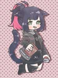 Rule 34 | 1girl, animal ears, arknights, bag, black footwear, black jacket, black shirt, black skirt, blue hair, blush, can, cat ears, cat girl, cat tail, chibi, colored inner hair, dotted background, full body, green eyes, highres, holding, holding bag, holding can, jacket, jessica (arknights), knee pads, long sleeves, looking at viewer, mouth hold, multicolored hair, nunnuje a u e, open clothes, open jacket, pink background, pink hair, shadow, shirt, single knee pad, skirt, solo, tail, tail raised