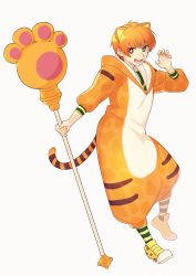 Rule 34 | 1girl, animal costume, animal ears, animal print, breasts, claw pose, contrapposto, fate/grand order, fate (series), fujimura taiga, full body, holding, holding weapon, jaguarman (fate), looking at viewer, ne dzumi, orange hair, paw stick, short hair, smile, solo, sparkling eyes, tail, tiger costume, tiger ears, tiger print, tiger tail, weapon, white background