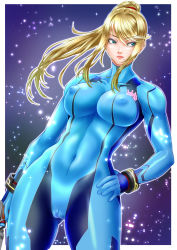 Rule 34 | 1girl, abs, blonde hair, blue bodysuit, blue eyes, bodysuit, cameltoe, cleft of venus, closed mouth, covered erect nipples, covered navel, cowboy shot, gun, hand on own hip, high ponytail, highres, ikumo taisuke, impossible bodysuit, impossible clothes, long hair, looking at viewer, metroid, nintendo, samus aran, skin tight, solo, taut clothes, weapon, zero suit