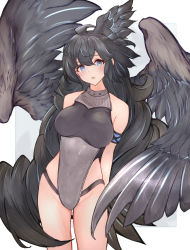 Rule 34 | 1girl, ahoge, armband, arms at sides, asaikeu, bare shoulders, black hair, blue eyes, blush, breasts, cowboy shot, feathered wings, granblue fantasy, groin, hair wings, large breasts, leotard, malluel (granblue fantasy), multicolored hair, multiple wings, open mouth, solo, streaked hair, wings