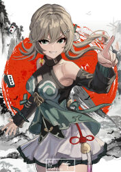 1girl absurdres breasts clothing_cutout cowboy_shot dress green_dress green_eyes grey_hair grin highres honkai:_star_rail honkai_(series) lizelotte long_hair medium_breasts pointing pointing_at_viewer qingque_(honkai:_star_rail) shoulder_cutout smile solo standing