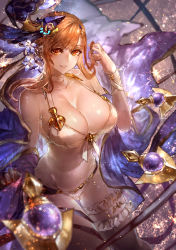 Rule 34 | 1girl, arm at side, bare arms, bare shoulders, bikini, bracelet, breasts, bridal garter, brown eyes, brown hair, choker, cleavage, collarbone, cowboy shot, flower, front-tie bikini top, front-tie top, glint, gluteal fold, granblue fantasy, groin, hair flower, hair ornament, twirling hair, halterneck, halterneck, hand in own hair, hand up, highres, jewelry, large breasts, long hair, looking at viewer, no navel, open mouth, orange eyes, orange hair, parted lips, sidelocks, signo aaa, smile, solo, sparkle, swimsuit, thigh strap, tweyen (eternal&#039;s summer vacation) (granblue fantasy), tweyen (granblue fantasy), white choker