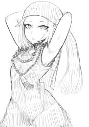 Rule 34 | 1girl, armpits, arms behind head, arms up, bandana, bead necklace, beads, closed mouth, cowboy shot, dress, eyelashes, greyscale, heuggu, highres, jewelry, kyouyama anna, lips, long hair, looking at viewer, monochrome, necklace, shaman king, simple background, sketch, sleeveless, sleeveless dress, solo, tsurime, white background