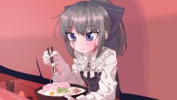 Rule 34 | 1girl, black dress, blush, bow, chopsticks, closed mouth, collared dress, commentary request, counter, dorei to no seikatsu ~teaching feeling~, dress, food, food stand, fried egg, frilled dress, frills, grey hair, hair bow, hand up, highres, holding, holding chopsticks, long hair, long sleeves, neck ribbon, noodles, ponytail, purple bow, purple eyes, ramen, ribbon, scar, scar on face, sisofu, sitting, smile, solo, sylvie (dorei to no seikatsu), two-tone dress, upper body, white ribbon, white sleeves, yatai