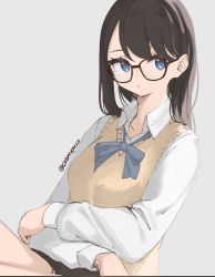 Rule 34 | 1girl, blue bow, blue bowtie, blue eyes, bow, bowtie, brown hair, brown sweater vest, closed mouth, collared shirt, commentary, crossed arms, english commentary, female focus, glasses, grey background, long hair, long sleeves, looking at viewer, original, school uniform, shirt, simple background, sitting, skeptycally, solo, sweater vest, twitter username, upper body, white shirt