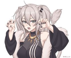 Rule 34 | 1girl, animal ears, bare shoulders, black nails, breasts, claw pose, cleavage, fangs, fingernails, grey eyes, grey hair, hands up, hololive, jacket, jewelry, large breasts, lion ears, lion tail, long hair, long sleeves, looking at viewer, nail polish, necklace, open clothes, open jacket, open mouth, see-through, see-through cleavage, shellvi, shishiro botan, shishiro botan (1st costume), signature, simple background, solo, tail, upper body, virtual youtuber, white background