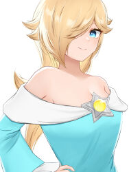 Rule 34 | 1girl, aqua dress, bare shoulders, blonde hair, blue eyes, blush, breasts, cleavage, closed mouth, collarbone, commentary request, dress, eyelashes, frilled sleeves, frills, gem, glint, hair over one eye, hand on own hip, highres, large breasts, long hair, long sleeves, looking at viewer, mario (series), nintendo, off-shoulder dress, off shoulder, one eye covered, parted bangs, rosalina, sidelocks, simple background, smile, solo, star (symbol), super mario galaxy, swept bangs, tomatomiya, upper body, white background, yellow gemstone