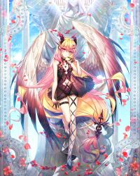 Rule 34 | 1girl, bare shoulders, black dress, blonde hair, closed mouth, clothing cutout, commission, demon horns, dress, falling petals, feathered wings, flower, full body, gradient hair, hair ornament, highres, horns, leg up, long hair, looking at viewer, multicolored hair, munlu (wolupus), navel, navel cutout, original, petals, pink hair, red eyes, red flower, signature, skeb commission, sleeveless, sleeveless dress, solo, star (symbol), thigh strap, very long hair, wings