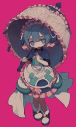 Rule 34 | 1boy, apron, black footwear, blue bow, blue bowtie, blue capelet, blue eyes, blue hair, blue skirt, blue umbrella, blush, bow, bowtie, bright pupils, capelet, commentary, corset, frilled apron, frilled hairband, frilled shirt, frilled sleeves, frilled umbrella, frills, full body, hairband, hands up, highres, holding, holding umbrella, looking at viewer, made in abyss, male focus, maruruk, parasol, parted lips, pink background, pouch, shirt, shoes, short hair, simple background, skirt, solo, suzukaze168, tassel, trap, umbrella, waist apron, whistle, white apron, white umbrella