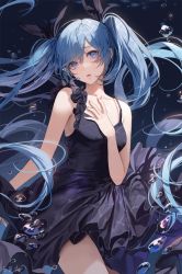 Rule 34 | 1girl, :o, air bubble, bare arms, bare shoulders, black dress, black ribbon, blue eyes, blue hair, bubble, collarbone, commentary, cowboy shot, dress, hair ribbon, hand on own chest, hatsune miku, highres, kim eb, long hair, looking at viewer, open mouth, ribbon, shinkai shoujo (vocaloid), sleeveless, sleeveless dress, solo, swept bangs, twintails, underwater, very long hair, vocaloid