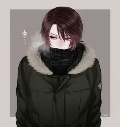 Rule 34 | 1boy, artist name, black scarf, blue eyes, border, breath, brown hair, coat, covered mouth, dated, final fantasy, final fantasy viii, fur collar, grey background, grey coat, hair between eyes, hiryuu (kana h), looking to the side, male focus, scar, scar on face, scarf, short hair, solo, squall leonhart, upper body, winter clothes, winter coat