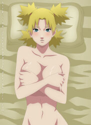 Rule 34 | 1girl, bare shoulders, bed, blonde hair, blush, breasts, cleavage, covering breasts, covering privates, highres, large breasts, naruto (series), narutorenegado01, navel, nude, pillow, quad tails, short hair, spiked hair, tagme, temari (naruto), topless, topless female