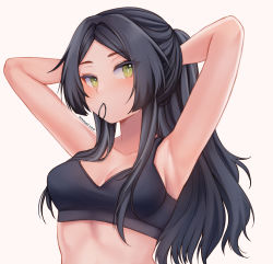 Rule 34 | 1girl, armpits, arms behind head, asahina chie, bare arms, bare shoulders, blush, breasts, cleavage, closed mouth, eyes visible through hair, green eyes, hair tie in mouth, highres, indie virtual youtuber, looking at viewer, medium breasts, mouth hold, parted bangs, ponytail, simple background, solo, sports bra, temachii, tying hair, upper body, virtual youtuber, white background