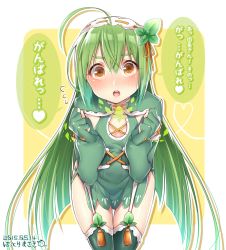 Rule 34 | 10s, 1girl, 2015, ahoge, blush, cowboy shot, dated, elbow gloves, flower knight girl, gloves, green gloves, green hair, green skirt, green thighhighs, hairband, hattori masaki, heart, heart of string, long hair, looking at viewer, mint, mint (flower knight girl), signature, skirt, solo, thigh strap, thighhighs, translation request, yellow background, yellow eyes