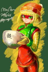 Rule 34 | 1girl, 2017, @ @, arms (game), beanie, blonde hair, blunt bangs, bob cut, bowl, bracelet, character name, chinese clothes, closed mouth, cowboy shot, crop top, dated, domino mask, food, green background, green eyes, green shirt, hat, holding, holding bowl, jewelry, legs together, lips, mask, min min (arms), noodles, orange hat, orange shorts, pink lips, poyopoyo (poyo mega181), shirt, short hair, shorts, smile, solo, standing, turtleneck, twitter username