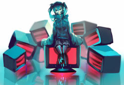Rule 34 | 1girl, bad id, bad pixiv id, black thighhighs, blue eyes, blue hair, blue theme, ene (kagerou project), frown, headphones, kagerou project, long hair, miniskirt, monitor, reflection, sitting, skirt, syeoseul, thighhighs, twintails, white background