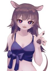 Rule 34 | 1girl, animal ears, animal hands, animal nose, blue bow, blue bra, bow, bow bra, bra, brown hair, collarbone, fangs, furry, furry female, heart, heart-shaped pupils, highres, long hair, looking at viewer, mouse ears, mouse girl, mouse tail, navel, open hand, open mouth, original, pink fur, purple eyes, saaa, sidelocks, simple background, solo, strap pull, symbol-shaped pupils, tail, underwear, upper body, white background