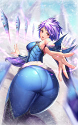 Rule 34 | 1girl, ass, bare shoulders, bent over, bodysuit, breasts, curvy, frostblade irelia, hip focus, ice, irelia, league of legends, leg lift, looking at viewer, looking back, medium breasts, moonandmist, open mouth, outstretched hand, pantylines, purple hair, red eyes, short hair, skin tight, smile, snow, solo, thick thighs, thighs, wide hips