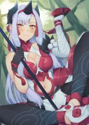 Rule 34 | 1girl, armor, armored dress, bad id, bad pixiv id, bare shoulders, black gloves, blush, breasts, cleavage, cleavage cutout, clothing cutout, crossed legs, cup, dress, fate/grand order, fate (series), feathers, gloves, horns, kiichi hougen (fate), large breasts, long hair, looking at viewer, navel, navel cutout, orange eyes, pinta (ayashii bochi), pointy ears, red armor, sakazuki, sidelocks, sitting, smile, tassel, thighs, tree, very long hair, white dress, white hair