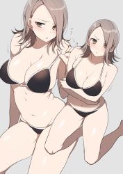 Rule 34 | 1girl, bikini, black bikini, blush, breast hold, breasts, brown eyes, brown hair, cleavage, closed mouth, flying sweatdrops, frown, grey background, highres, kneeling, large breasts, medium hair, motion lines, multiple views, navel, open mouth, original, shirasu uni, simple background, sitting, skindentation, strap pull, swimsuit