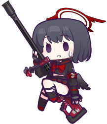 Rule 34 | 1girl, absurdres, anti-materiel rifle, anzio ironworks 20mm rifle, black gloves, black hair, black sailor collar, black serafuku, black shirt, black skirt, black socks, black wings, blue archive, bow, chibi, feathered wings, fingerless gloves, full body, gloves, gun, halo, hand up, highres, holding, holding gun, holding weapon, looking at viewer, low wings, mashiro (blue archive), mini wings, panatisia, parted lips, pleated skirt, purple eyes, red bow, red footwear, rifle, sailor collar, school uniform, serafuku, shirt, shoes, simple background, skirt, sniper rifle, socks, solo, sweat, weapon, white background, winged halo, wings