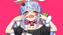 Rule 34 | 1girl, absurdres, animal (vocaloid), animal ears, bandaid, bandaid on arm, black choker, black nails, black shirt, blue hair, bright pupils, brown eyes, choker, collarbone, commentary, fangs, hair ornament, hands on own face, highres, hololive, jewelry, nail polish, o-ring, o-ring choker, open mouth, pink background, portrait, rabbit ears, rabbit girl, rabbit hair ornament, red nails, ring, saliva, shirt, solo, symbol-shaped pupils, unexistarts, usada pekora, virtual youtuber, vocaloid, white pupils