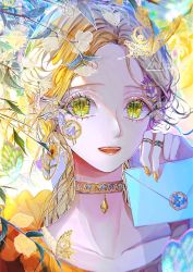 Rule 34 | 1girl, blonde hair, bug, butterfly, choker, collarbone, fantasy, floral print, flower, gem, highres, holding, holding letter, insect, leaf, letter, long hair, looking at viewer, open clothes, original, ponytail, purple flower, sasame 20, slit pupils, smile, sunflower, upper body, white flower, yellow butterfly, yellow eyes, yellow flower