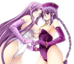 Rule 34 | 00s, 2girls, asymmetrical docking, bad id, bad pixiv id, bare shoulders, blush, bracelet, braid, breast press, breasts, breasts out, cameltoe, cowboy shot, crossover, cum, cum on body, cum on breasts, cum on upper body, elbow gloves, fate/stay night, fate (series), glasses, gloves, hair between eyes, hat, highres, holding hands, interlocked fingers, interlocking nipples, jewelry, large breasts, leotard, long hair, matching hair/eyes, medium breasts, medusa (fate), medusa (rider) (fate), melty blood, multiple girls, nipples, no bra, open mouth, purple eyes, purple hair, purple leotard, shinano yura, simple background, single braid, sion eltnam atlasia, smile, square pupils, standing, sweat, thighs, tsukihime, tsurime, very long hair, white background, white leotard