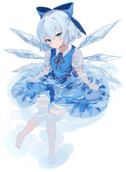 Rule 34 | 1girl, :o, absurdres, barefoot, blue bow, blue dress, blue eyes, blue hair, bow, cirno, collared shirt, commentary, dress, hair bow, highres, ice, ice wings, kani nyan, knees together feet apart, light blue hair, looking at viewer, open mouth, partially submerged, pinafore dress, red ribbon, ribbon, shirt, short sleeves, sleeveless, sleeveless dress, solo, touhou, water, white shirt, wings