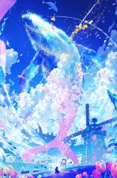 Rule 34 | 1girl, blue sky, building, canvas (object), cloud, day, dress, fish, flower, highres, makoron117117, original, outdoors, scenery, sky, solo, tulip, water, whale, windmill