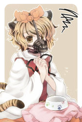 Rule 34 | 1girl, animal ears, bad id, bad pixiv id, biyon, blonde hair, bowl, brown hair, hair ornament, own hands clasped, interlocked fingers, kemonomimi mode, long sleeves, multicolored hair, muzzle, own hands together, paw print, pet bowl, pillow, shirt, sitting, solo, squiggle, tail, tiger ears, tiger tail, toramaru shou, touhou, two-tone hair, vest, wide sleeves, yellow eyes